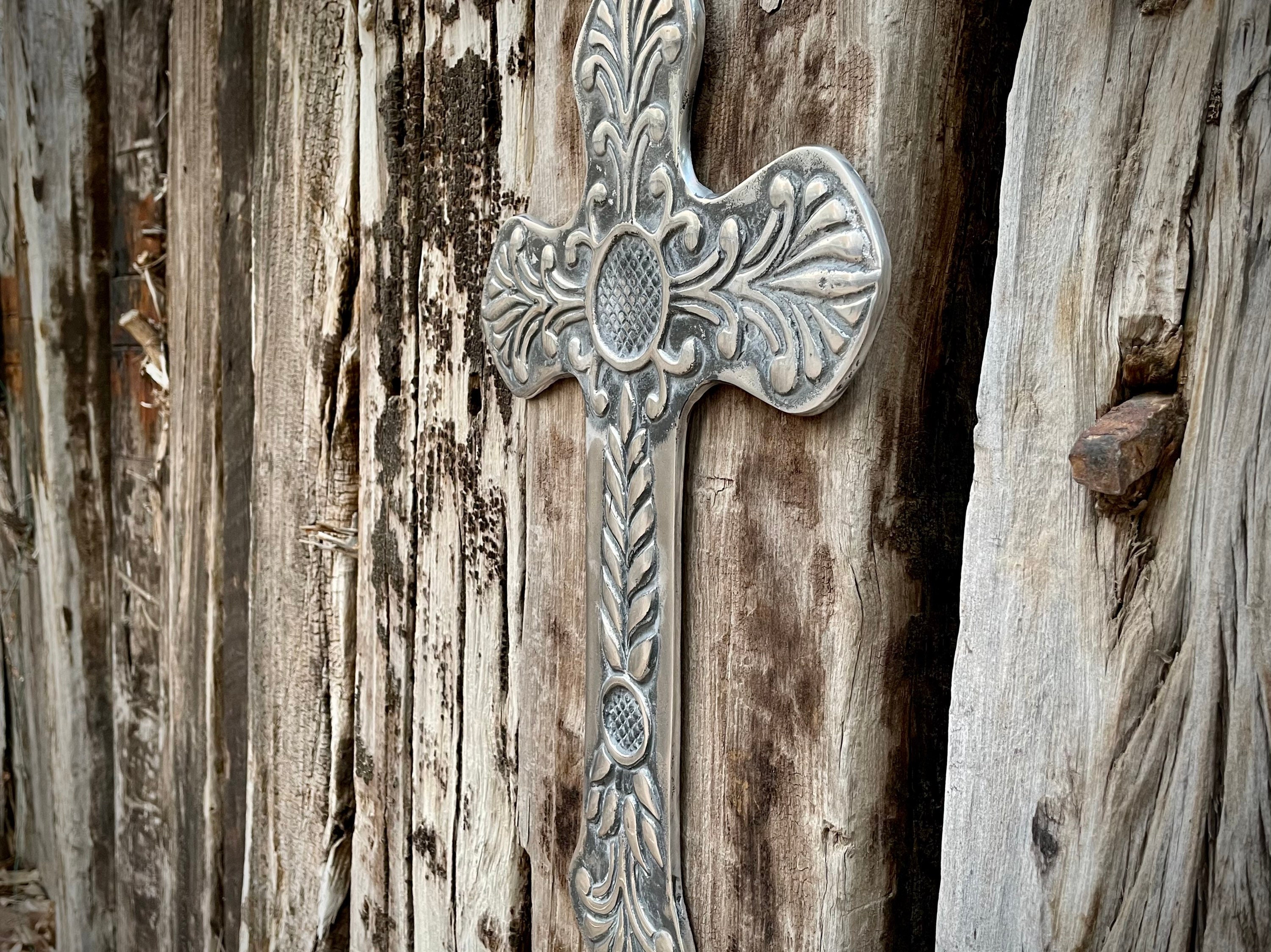 Large Mexican Wall Cross Pewter Metal Cross Wall Hanging Spanish Decor, Rustic Patio Home Decor