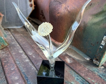 1978 Signed GUYOL Sculpture of Glass Flower on Black Stand, Discolored Clear Color, Three Pieces