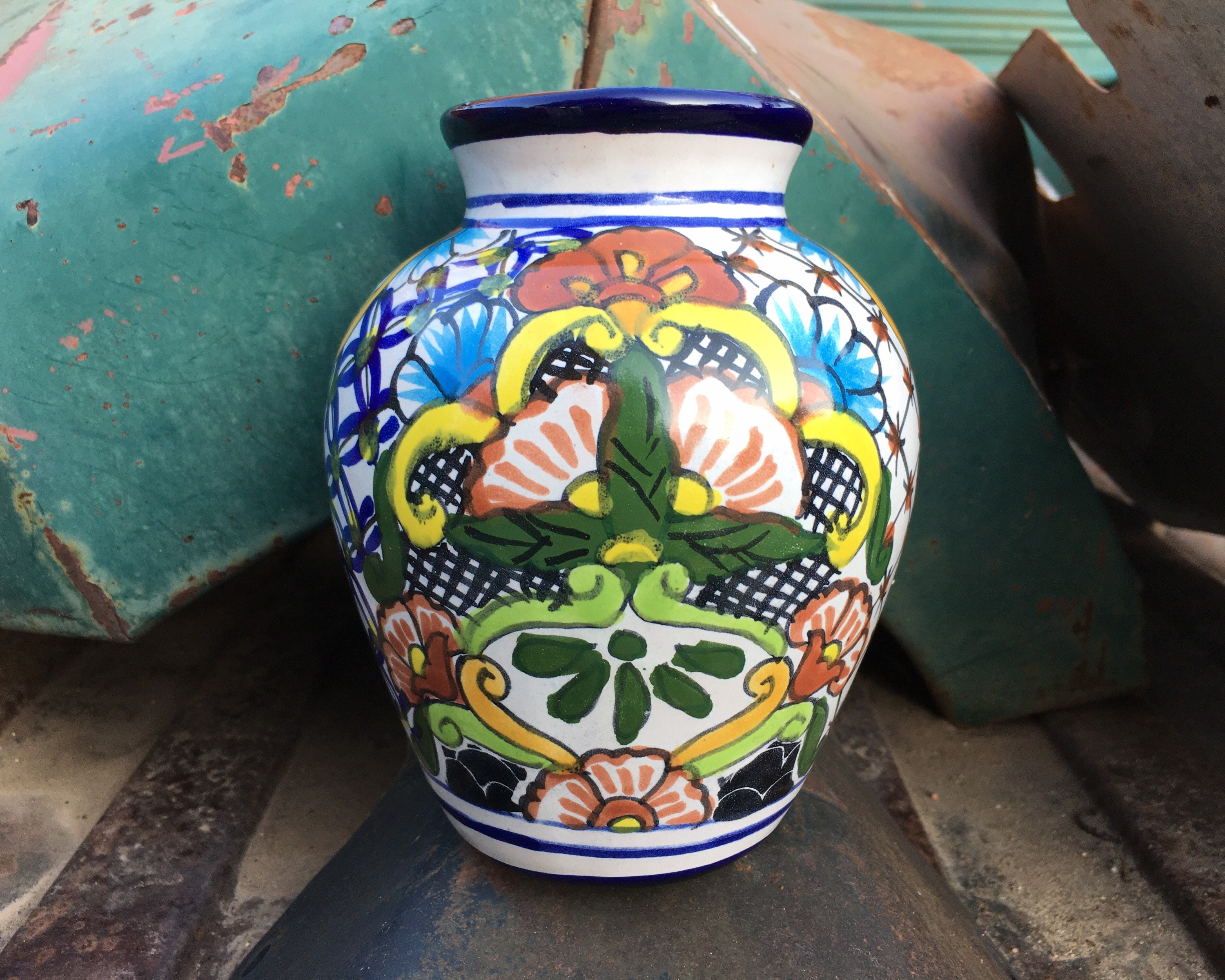 Medium Small Vintage Talavera Vase Majolica Ceramics, Mexican Pottery