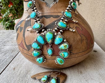 Turquoise Squash Blossom Necklace & Earrings by Navajo Vernon Kee Johnson, Sonoran Gold