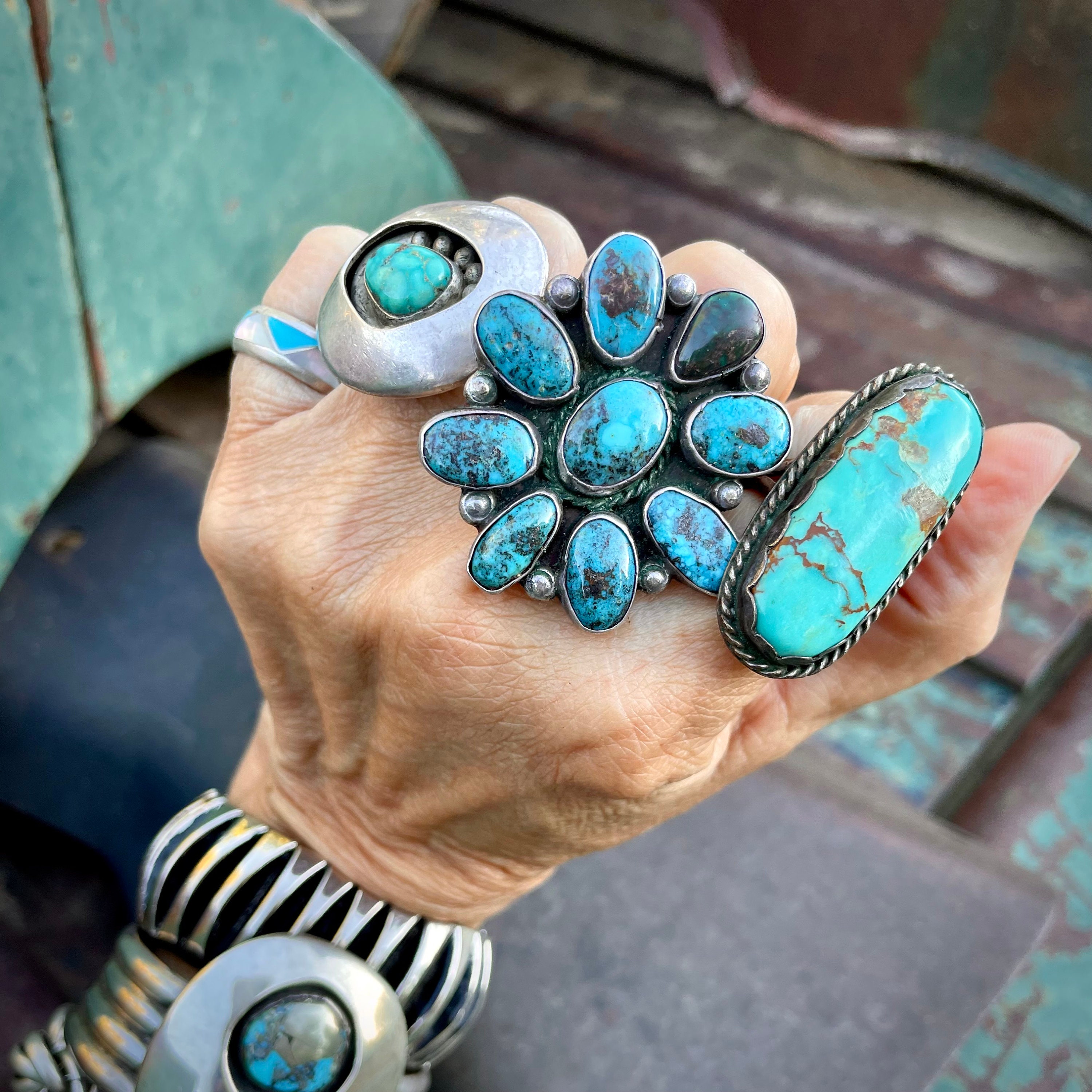 18g Vintage Large Natural Bisbee Turquoise Cluster Ring, Navajo