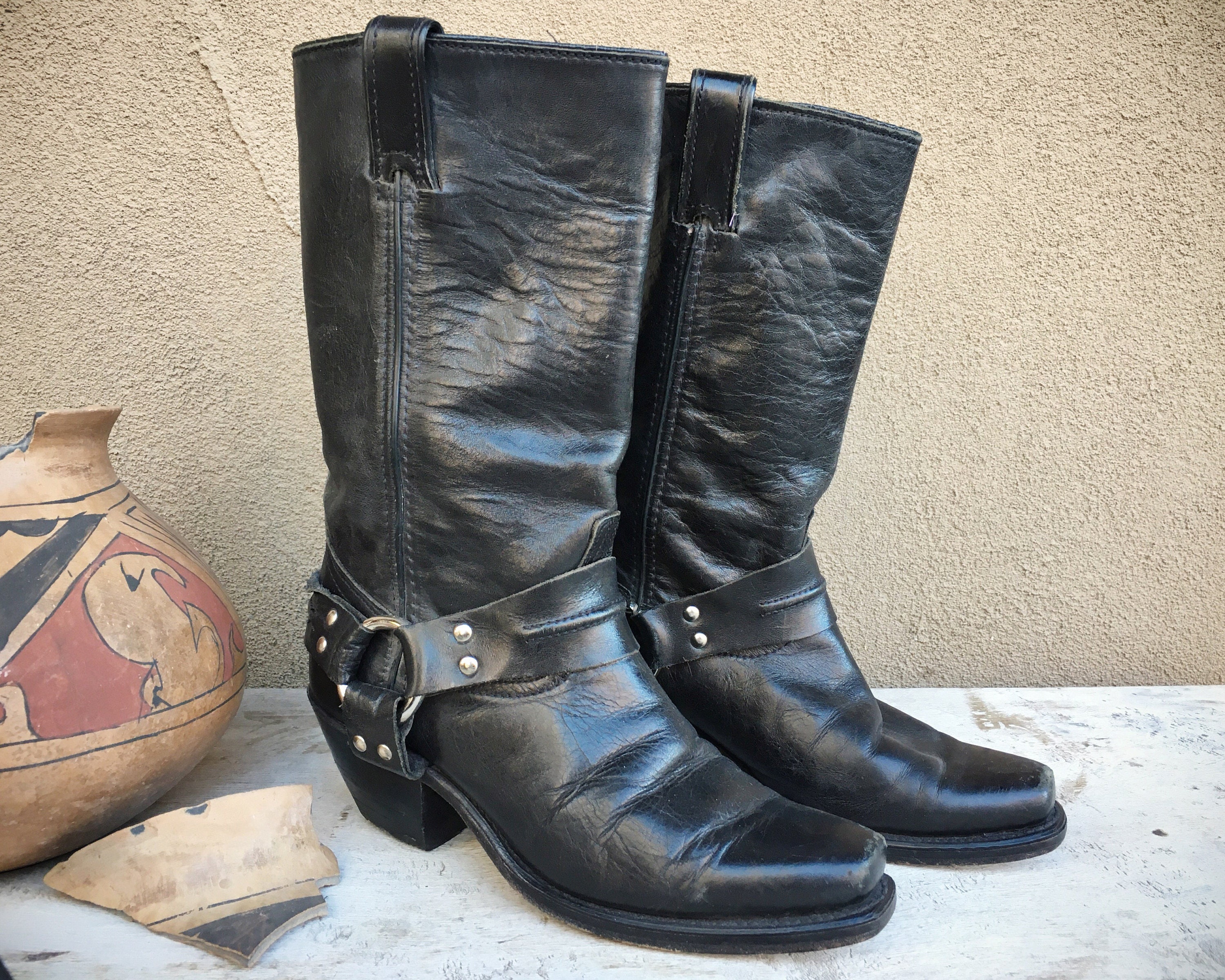 1970s Black Leather Motorcycle Boots Women's Size 6.5 (Run Small