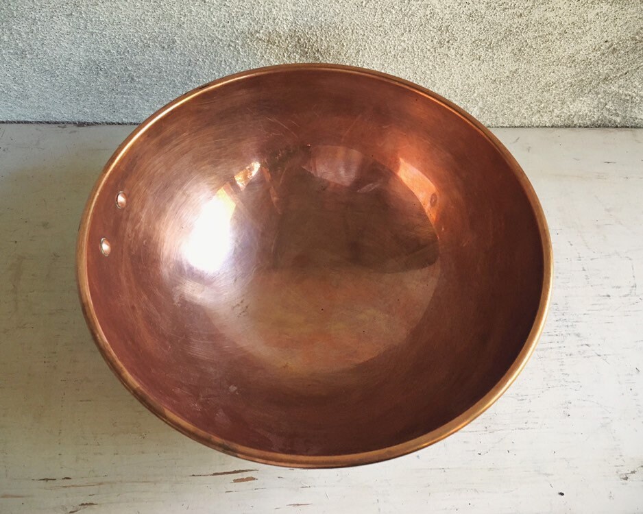 Vintage 10 Round Solid Copper Bowl with Brass Handle, French Style