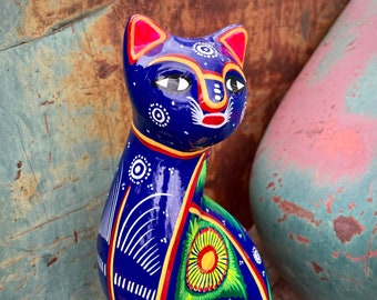 Mexican Pottery Cat Coin Bank Purple-Blue w/ Colorful Designs, Southwest Bedroom Folk Art Decor