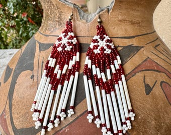 Vintage Loom Beaded Snowflake Earrings Red & White Winter Holiday Colors, Seed Bead Dangles