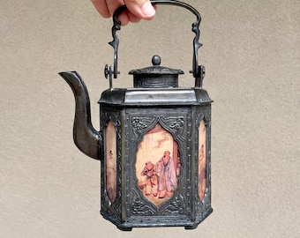 Antique Shantou Metal Teapot with Glass Covered Panels Lithograph Prints, Embossed Mark