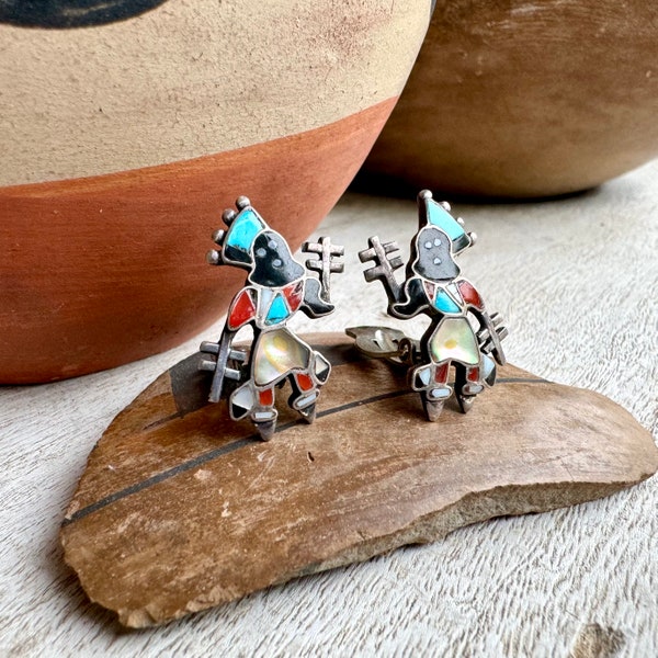 Vintage Clip-On Earrings of Kachina Dancer Turquoise Multi-Stone Channel Inlay, Zuni Native American Indian Jewelry Women Non Pierced Ears