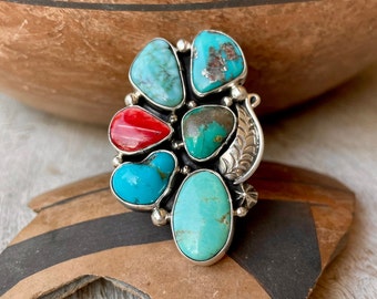 Sterling Silver Turquoise Red Spiny Oyster Multistone Ring Size 8.25 by Navajo Mary Jane Garcia