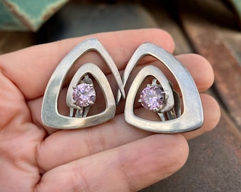 Vintage Taxco 925 Silver and Pale Purple Earrings Clip On for Non Pierced Ears, Mexican Jewelry