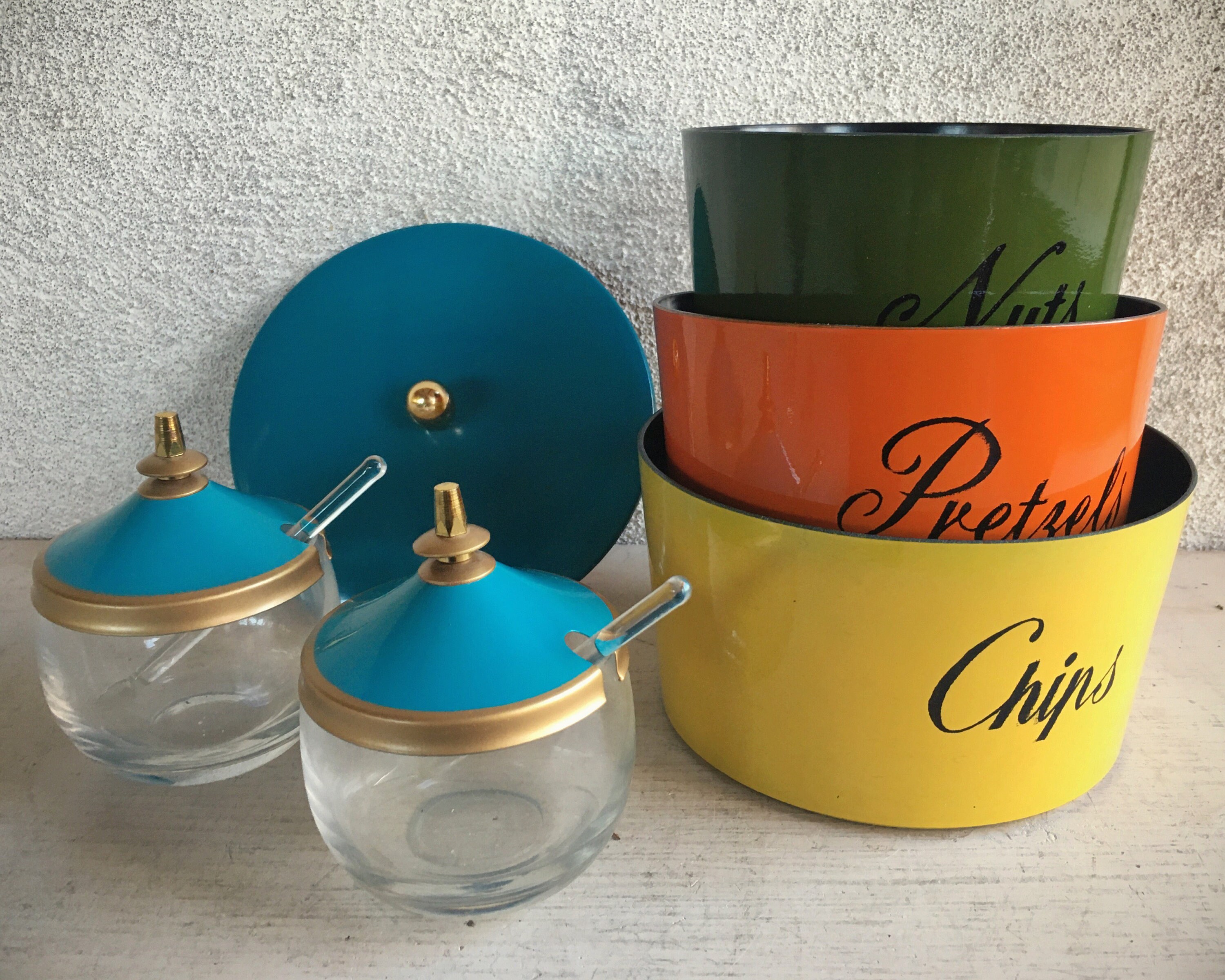 Mid Century Stackable Snack Bowls with Glass Mustard Servers Spoons