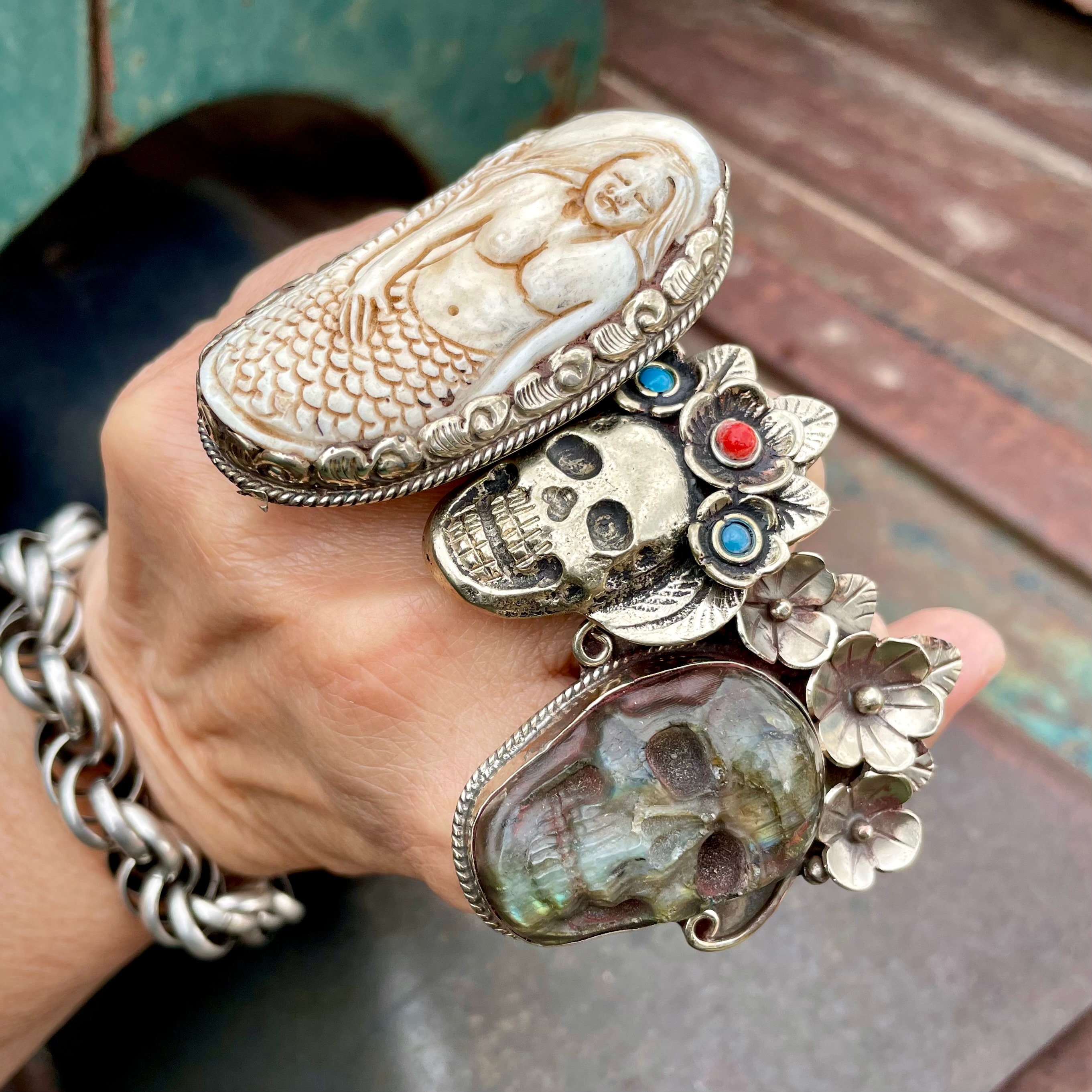 Tribal Silver Skeleton Skull Ring on Adjustable Band, Coral
