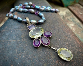 Vintage Faceted Yellow Citrine & Purple Amethyst Gemstone Pendant on Freshwater Purple Pearl Chain