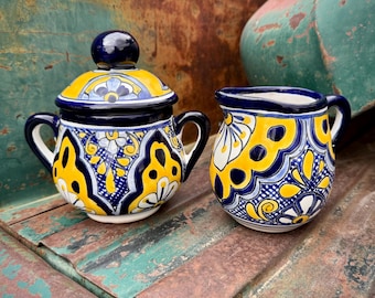 Mexican Pottery Creamer & Sugar Bowl Set, Chunky Design, Both Included