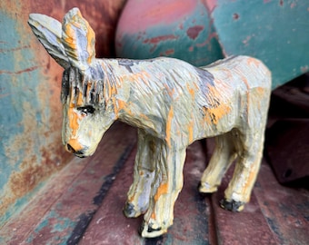 Vintage Artisan Carved Wood Donkey Statue, Unsigned Paula Dimit Rustic Realism