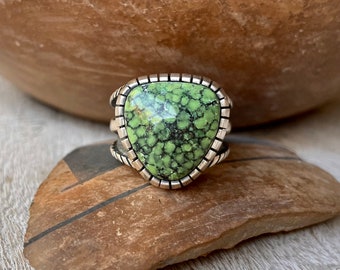 28g Heavy Spiderweb Green Variscite Turquoise Ring Size 10.25, Southwestern Sterling Silver Jewelry Unisex Men Women, Rodeo Style Gift Dad