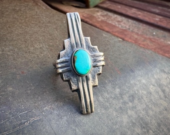 Navajo Chimney Butte Sterling Silver Elongated Zia Symbol with Turquoise Ring Size 9