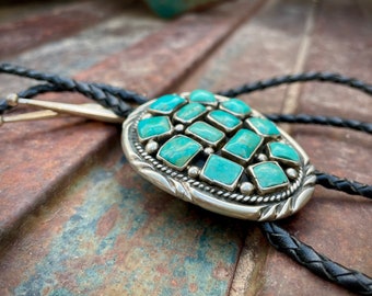 Vintage Turquoise Cluster Bolo Tie by Navajo G. Martin, Native American Indian Necktie Lariat