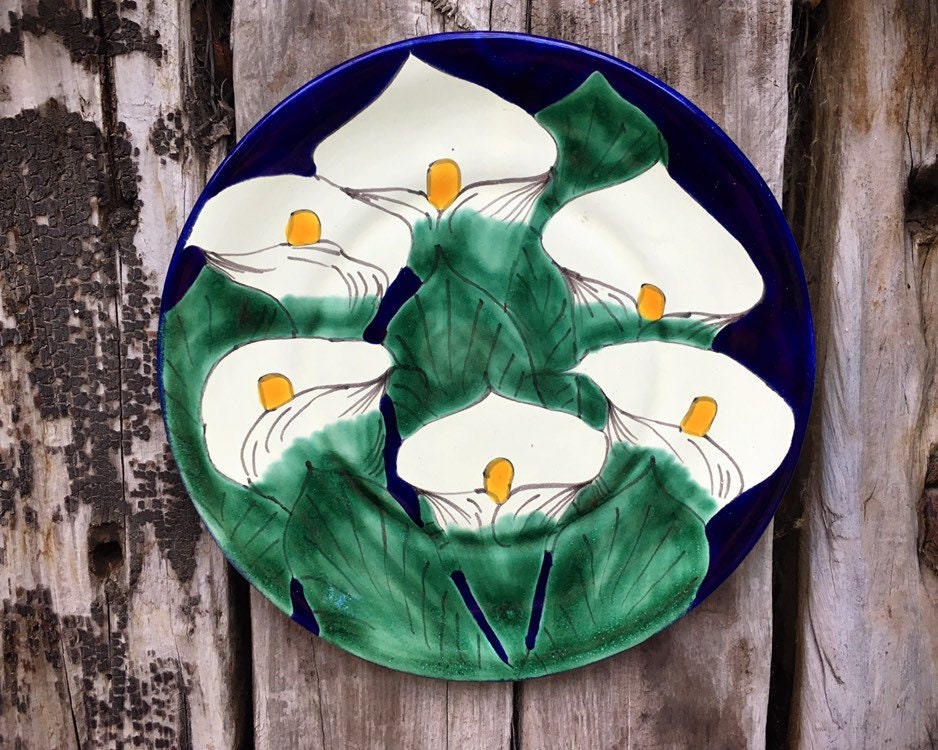 10 Diameter Vintage Mexican Pottery Plate Wall Hanging White Irises ...