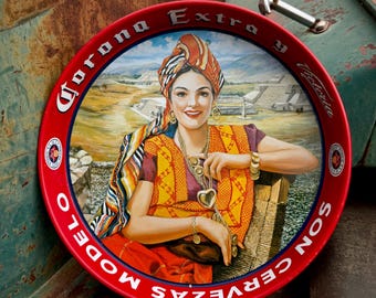 Vintage Corona Extra Cerveza y Victoria Serving Tray, Pin Up Girl Bar Platter, Mexican Beer