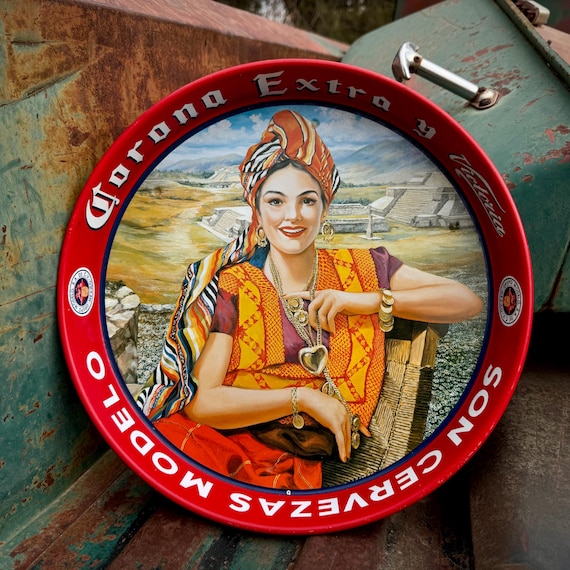 ☆レトロポップ☆Corona Extra Victoria・メタルビールトレイ Vintage Corona Extra Cerveza Y Victoria Serving Tray, Pin up Girl