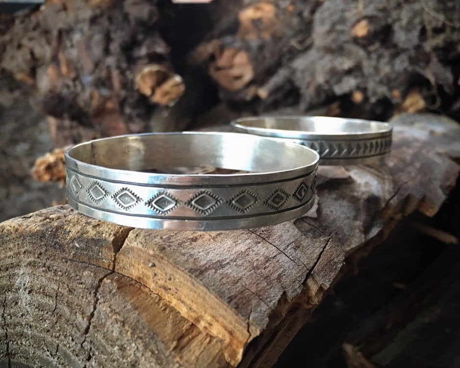 Two Stamped Sterling Silver Bangle Bracelets for Women, Native