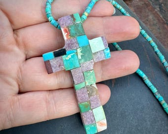 Vintage Large Turquoise Shell Inlay Cross Pendant on Turquoise Heishi Chain Approx 18"
