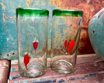 Two Heavy Mexican Glass Tumblers Clear with Green Rim and Red Chile Pepper Design, Rustic Decor