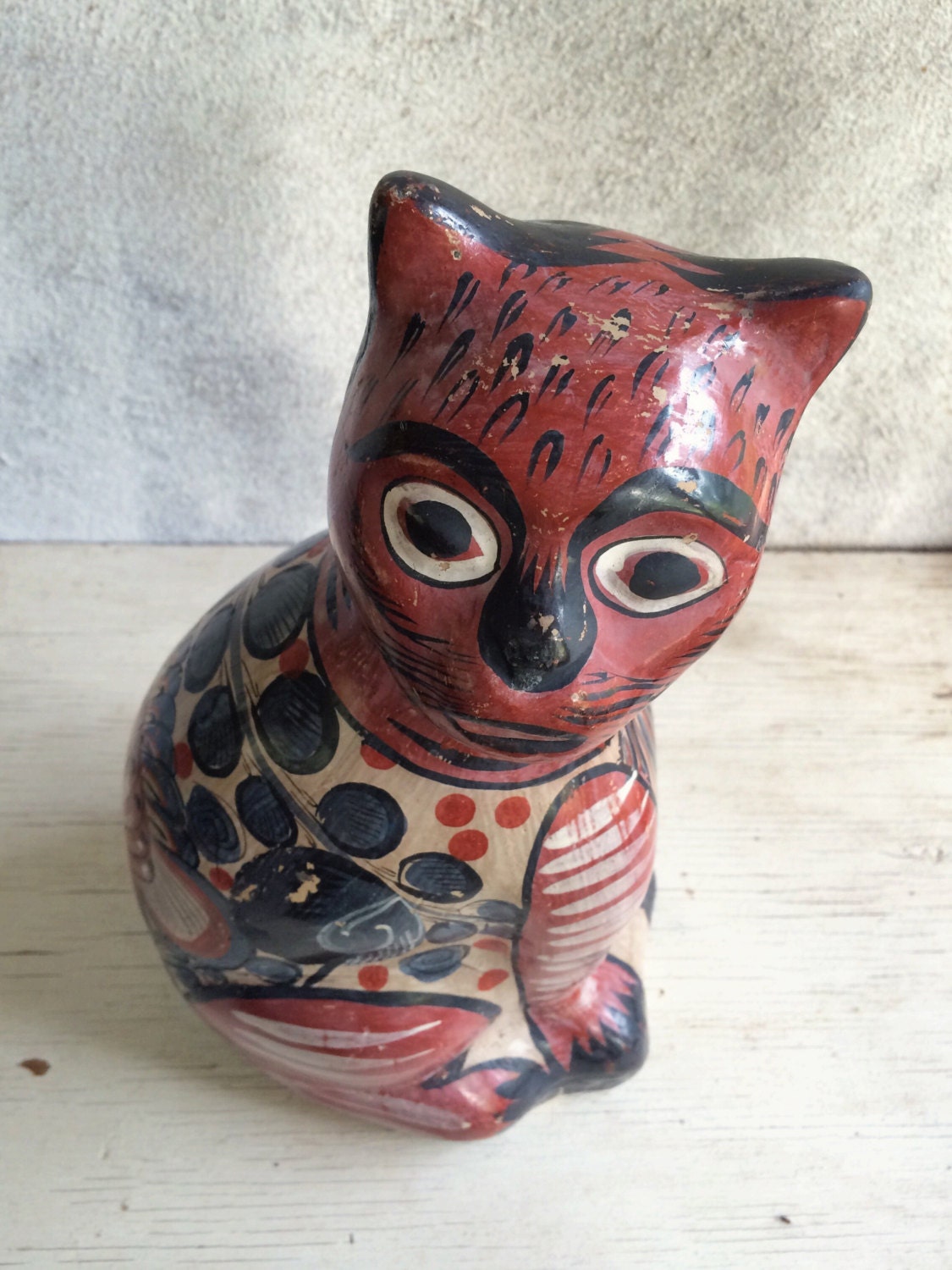 Vintage large 14 Tonala cat signed burnished pottery statue Mexico folk ...