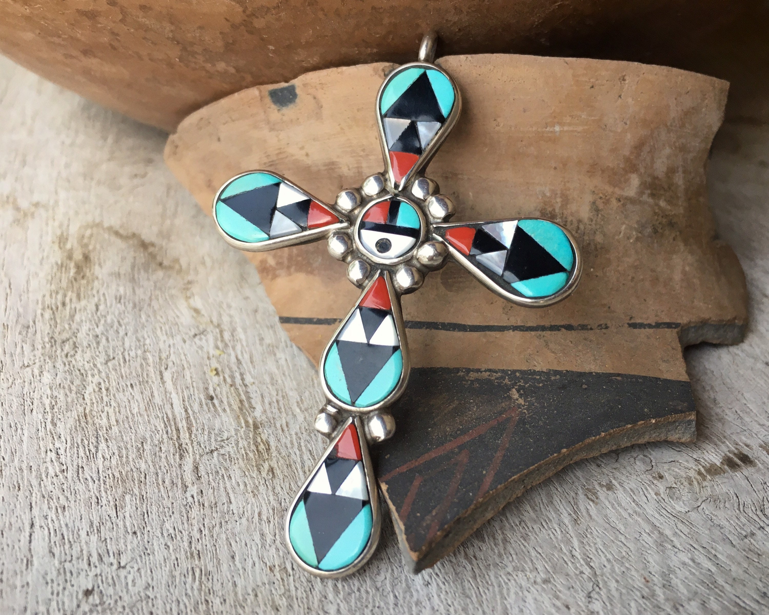Zeno Edaakie Vintage Native American Zuni Turquoise Coral Sterling Silver Sunface Cross Pendant Zeno Edaakie Vintage Native American Zuni Turquoise Coral Sterling Silver Sunface Cross Pendant
