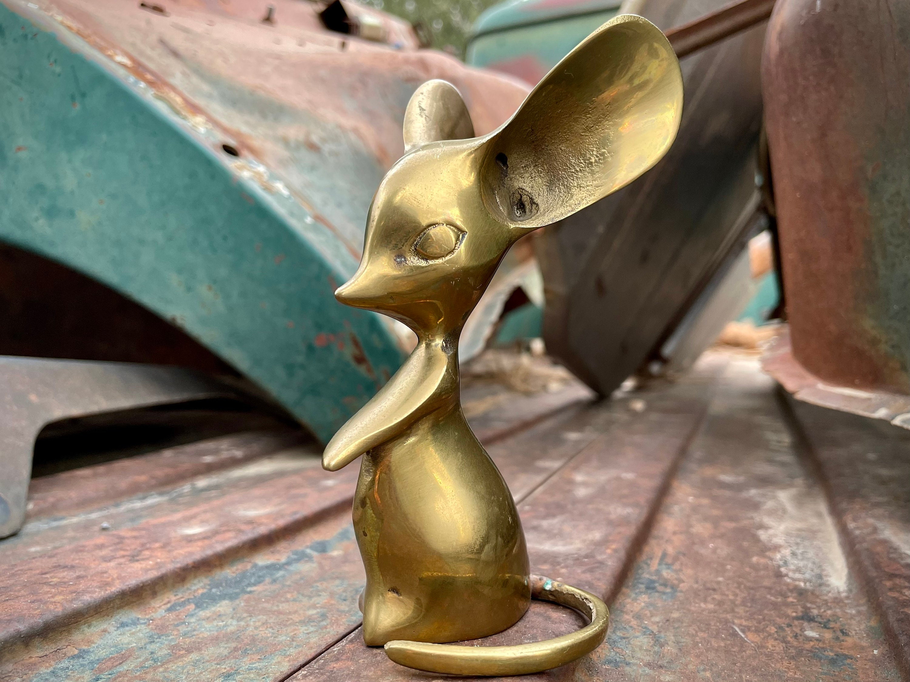 Vintage Solid Brass Mouse With Big Ears Curled Tail Figurine