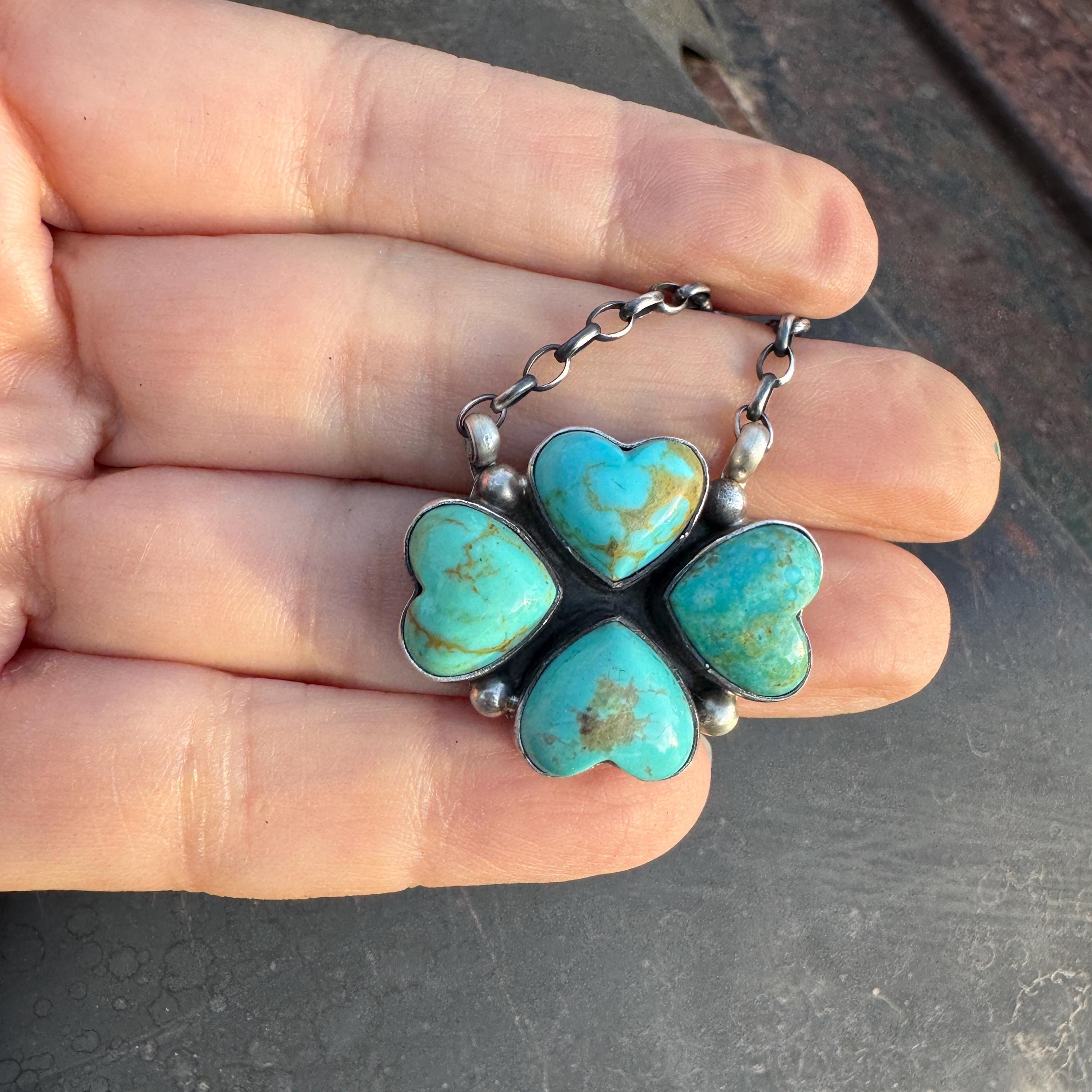 Navajo Donavan Skeets Sterling Silver Turquoise Four Hearts Clover