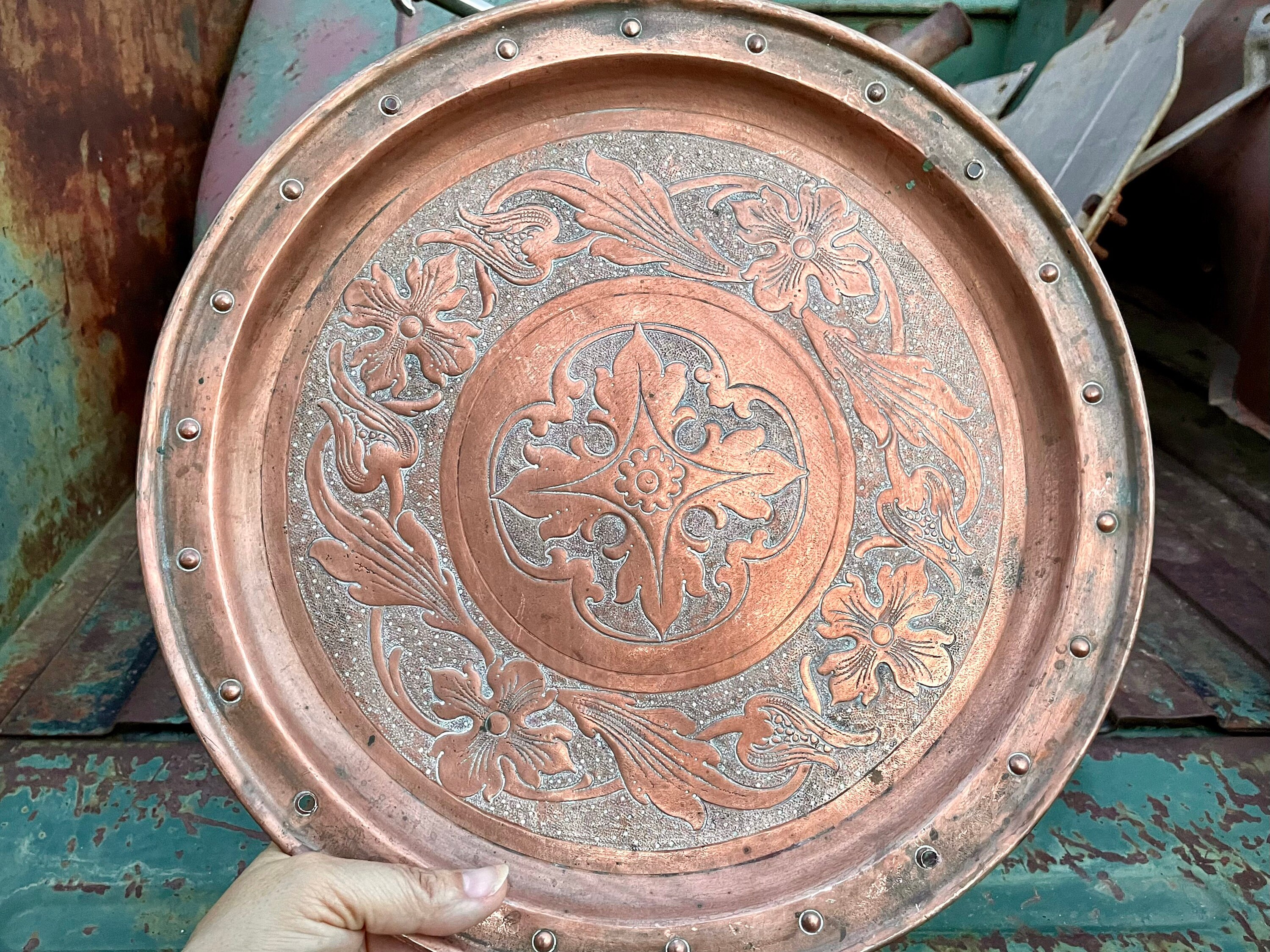 Decorative Copper Plate Hand-Engraved with Floral Motifs - ShopiPersia