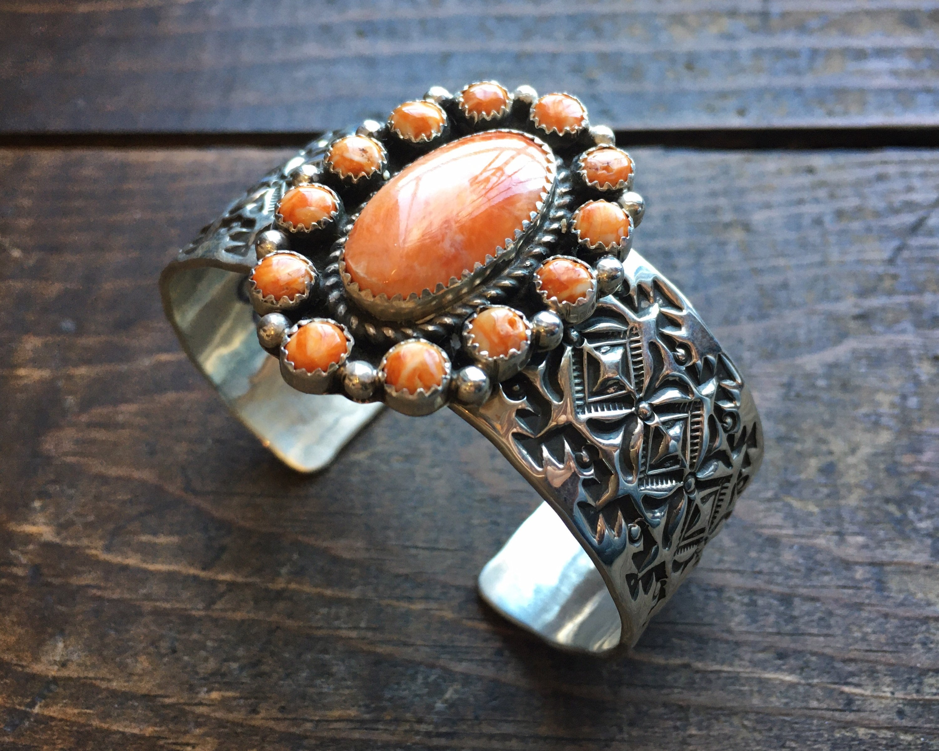 Navajo Sterling Silver Orange Spiny Oyster Cuff Bracelet Native