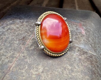 1975 Large Oval Carnelian Ring Approx Size 6.5 to 7.5, Brass & Silver Setting, Artisan Jewelry