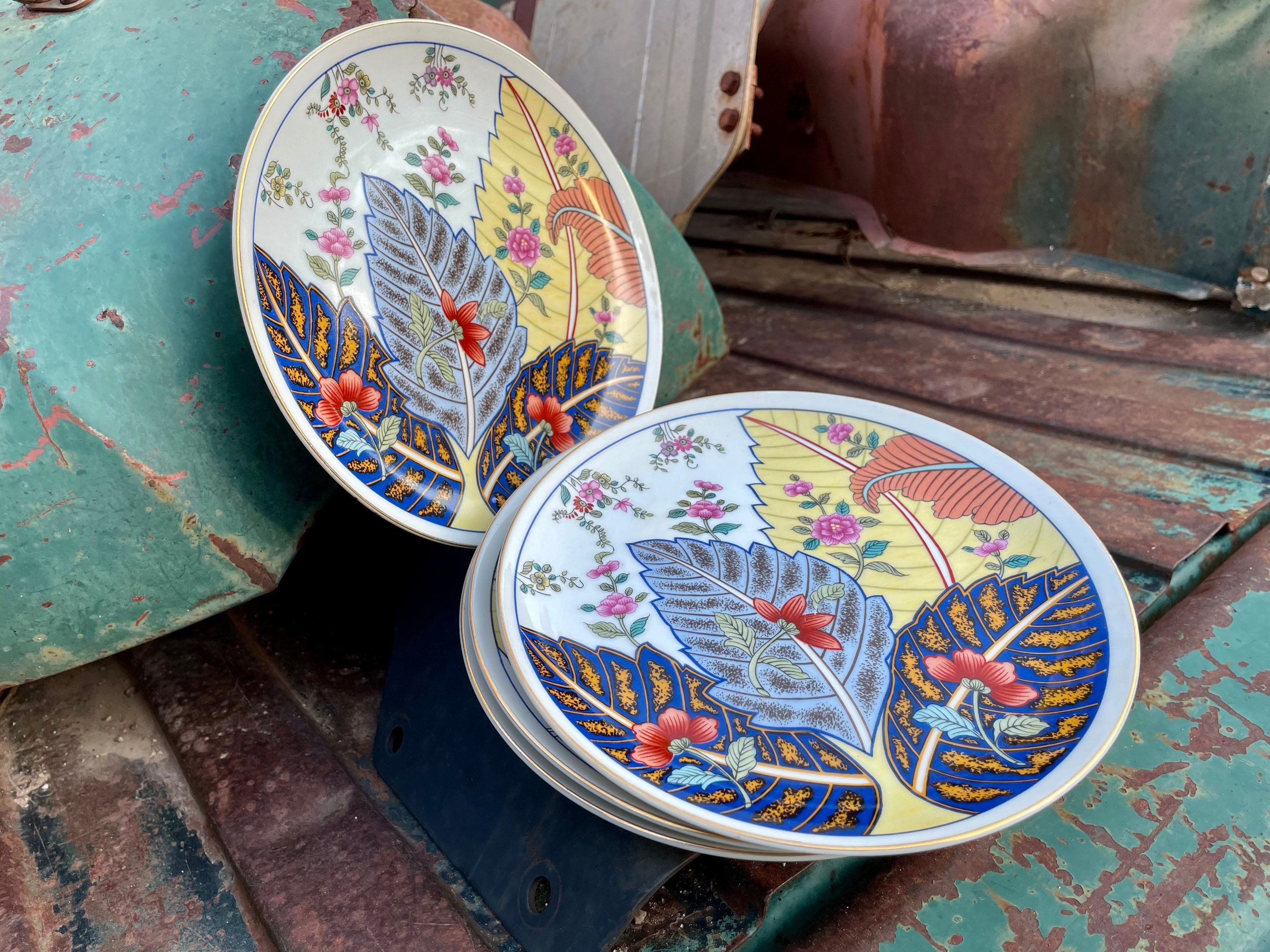 Four Vintage Tobacco Leaf Pattern Porcelain 7.5 Salad Plates by Mann