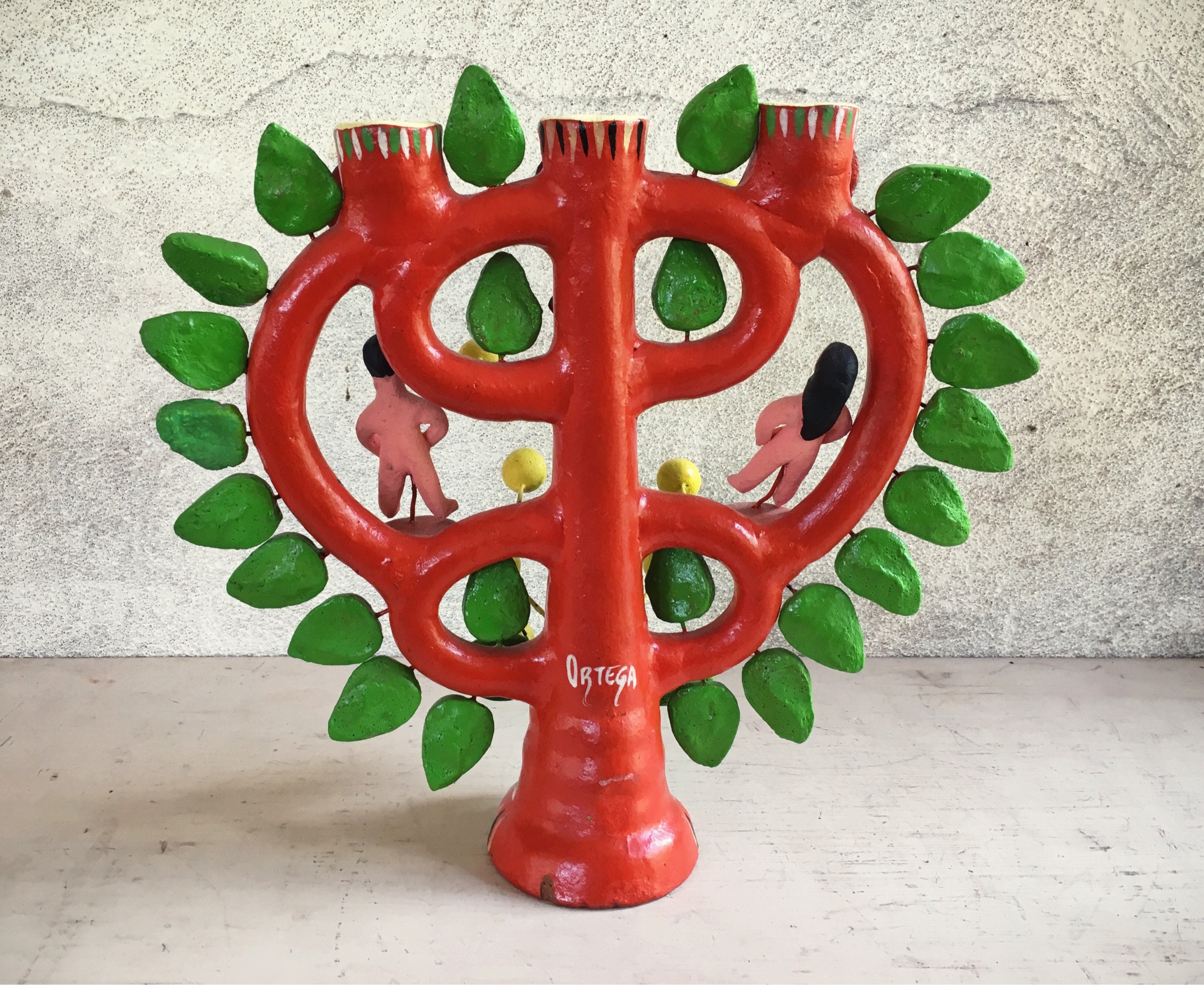 Vintage Adam and Eve tree of life candelabra Mexican pottery candle