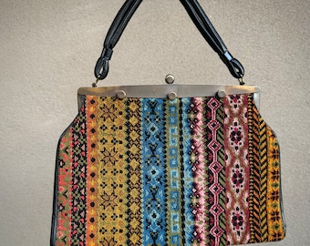 Vintage Tapestry Carpet Bag Snap Closure w/ Multicolor Velvet-Like Fabric & Black Shoulder Straps, Bronzed Brass Metal, Retro 1950s Fashion