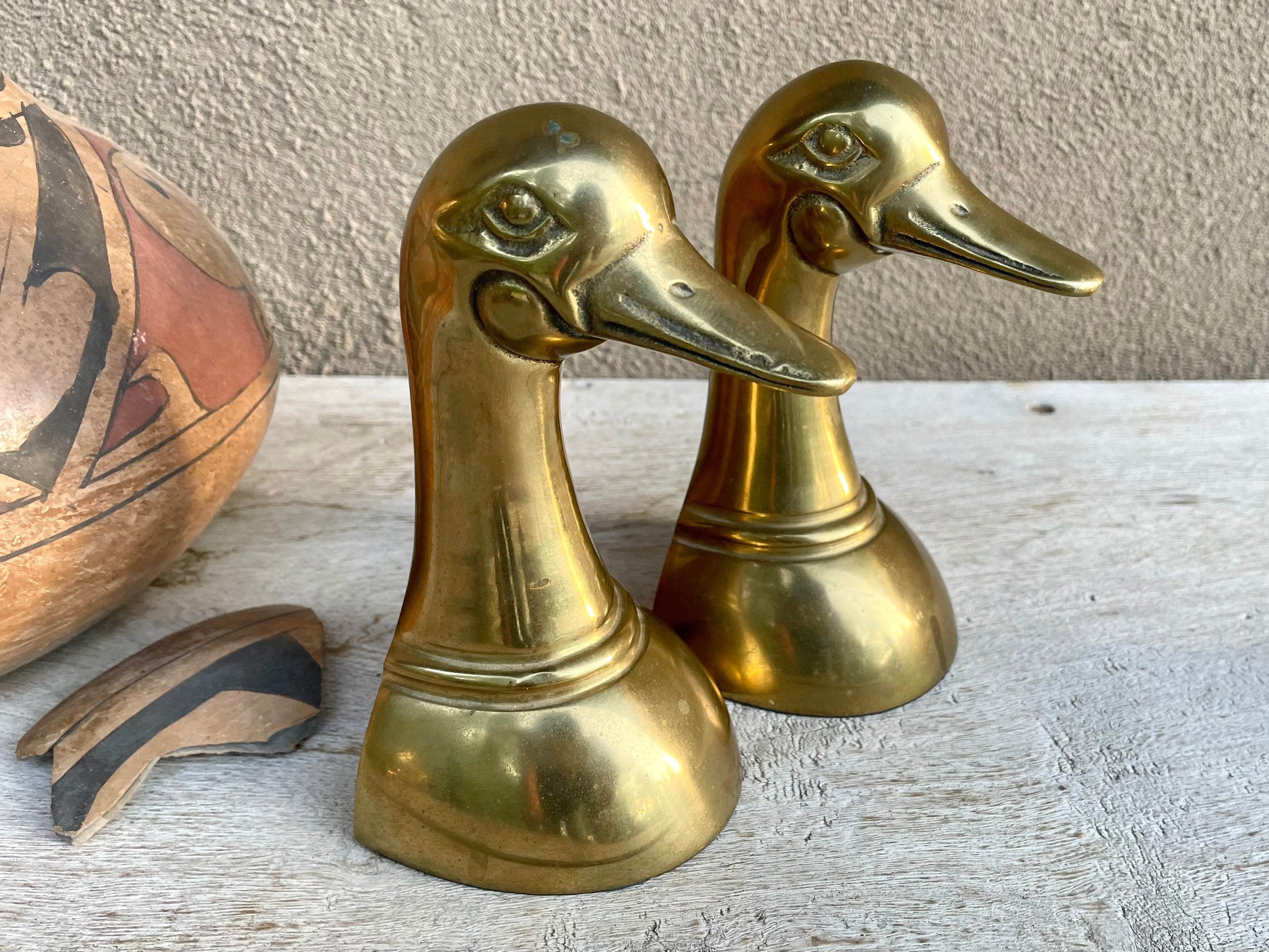 Vintage Brass Duck Head Bookends, Hollywood Regency Golden Decor,  Outdoorsman Gift for Men