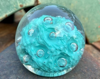 Murano Italy Art Glass Paperweight Blue Seafoam with Controlled Bubbles, Kitchen Window Suncatcher