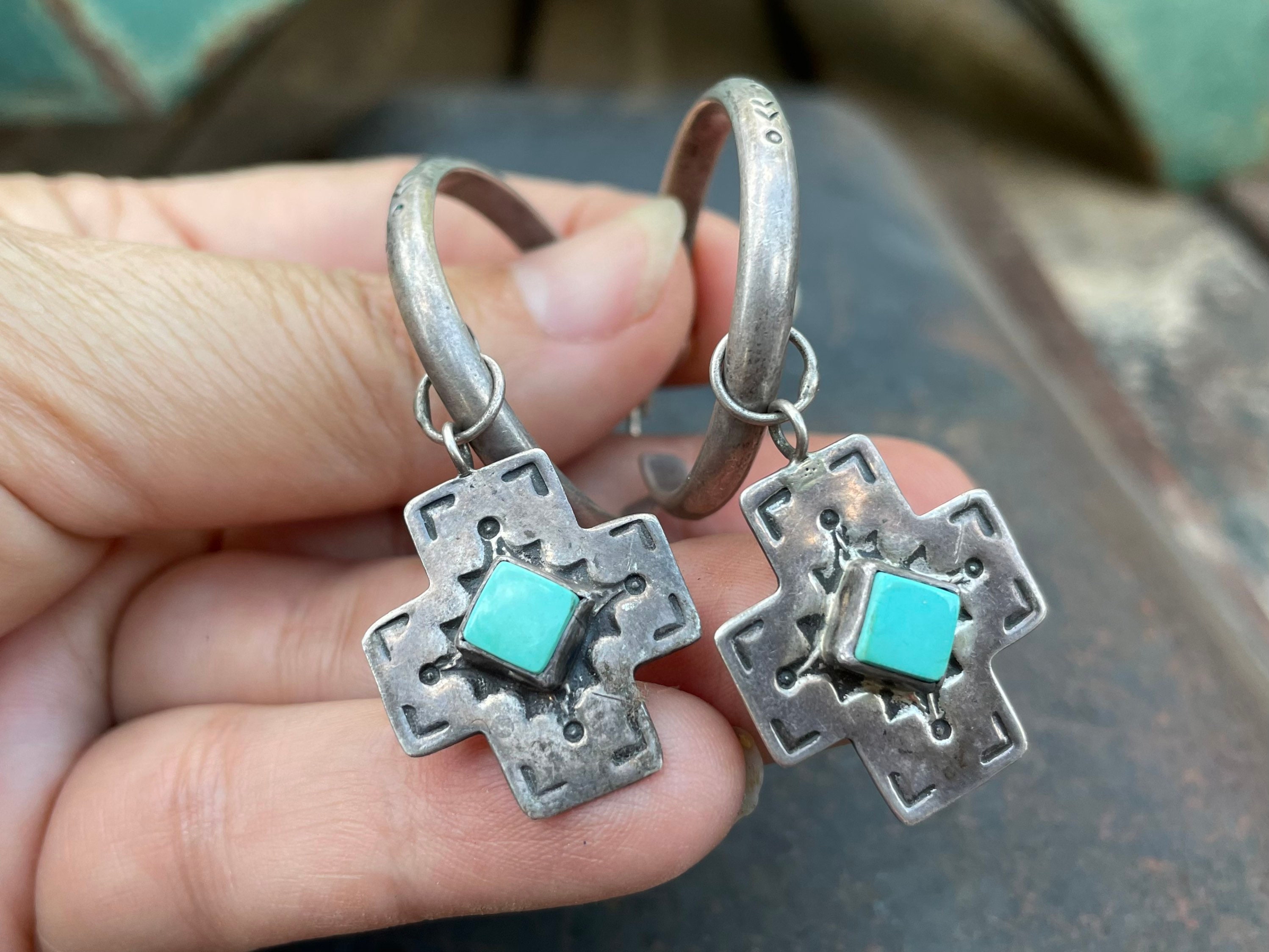 Traditional Vintage Native American Navajo Sterling Silver Large Hoop Earrings Traditional Vintage Native American Navajo Sterling Silver Large Hoop Earrings
