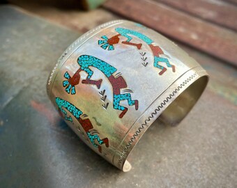1970s Wide Sterling Silver Crushed Turquoise Coral Kokopelli Cuff Bracelet, Navajo Jewelry Unisex