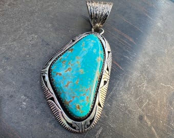 Vintage Navajo Bruce Wood Turquoise Sterling Silver Pendant 1.25 x 2.75, Beautiful Blue Stone