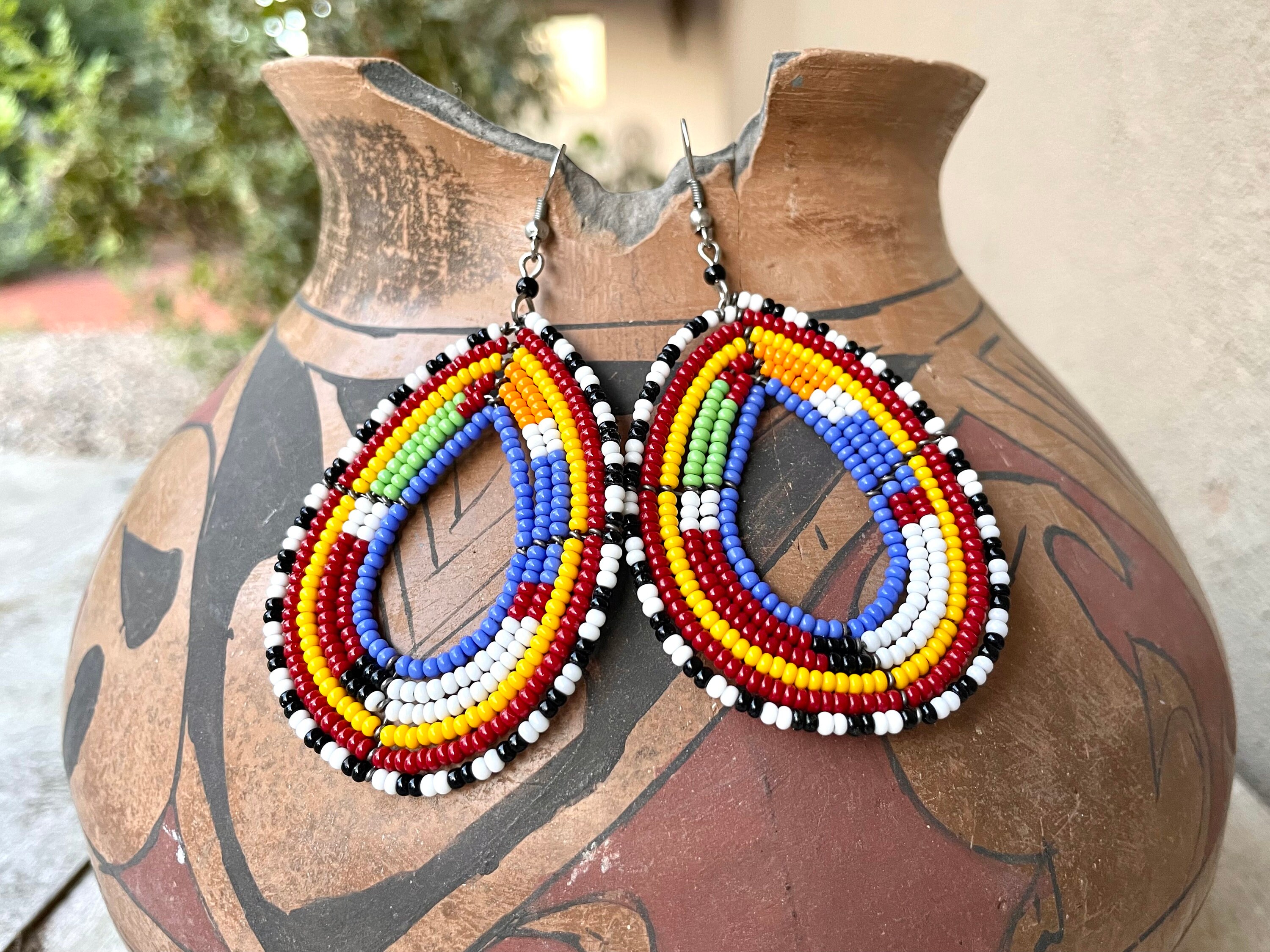 Vintage African Masaai Beaded Hoop Earrings, Multi-Colored