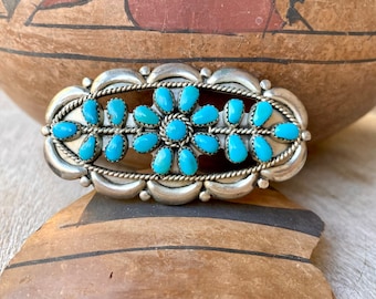 Vintage Turquoise Cluster Brooch in Petit Point Setting, Navajo or Zuni Native American Jewelry