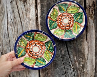 Two Small Vintage Mexican Pottery Plates in Wire Wall Hangers, Blue Floral Scenes, Rustic Decor
