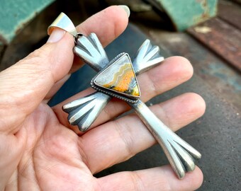 Large Bumble Bee Jasper Sterling Silver Cross Pendant by Navajo Chimney Butte, Native American