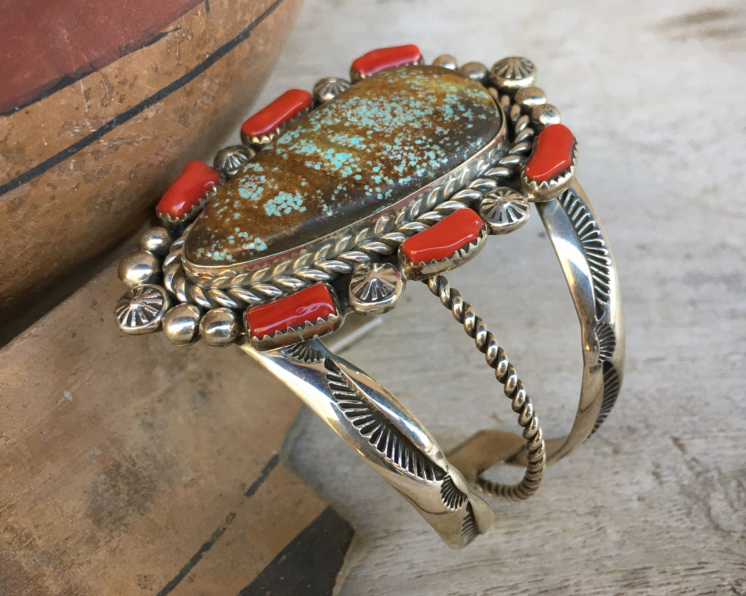 62g Royston Turquoise and Coral Cuff Bracelet Sterling Silver, Native American Indian Jewelry