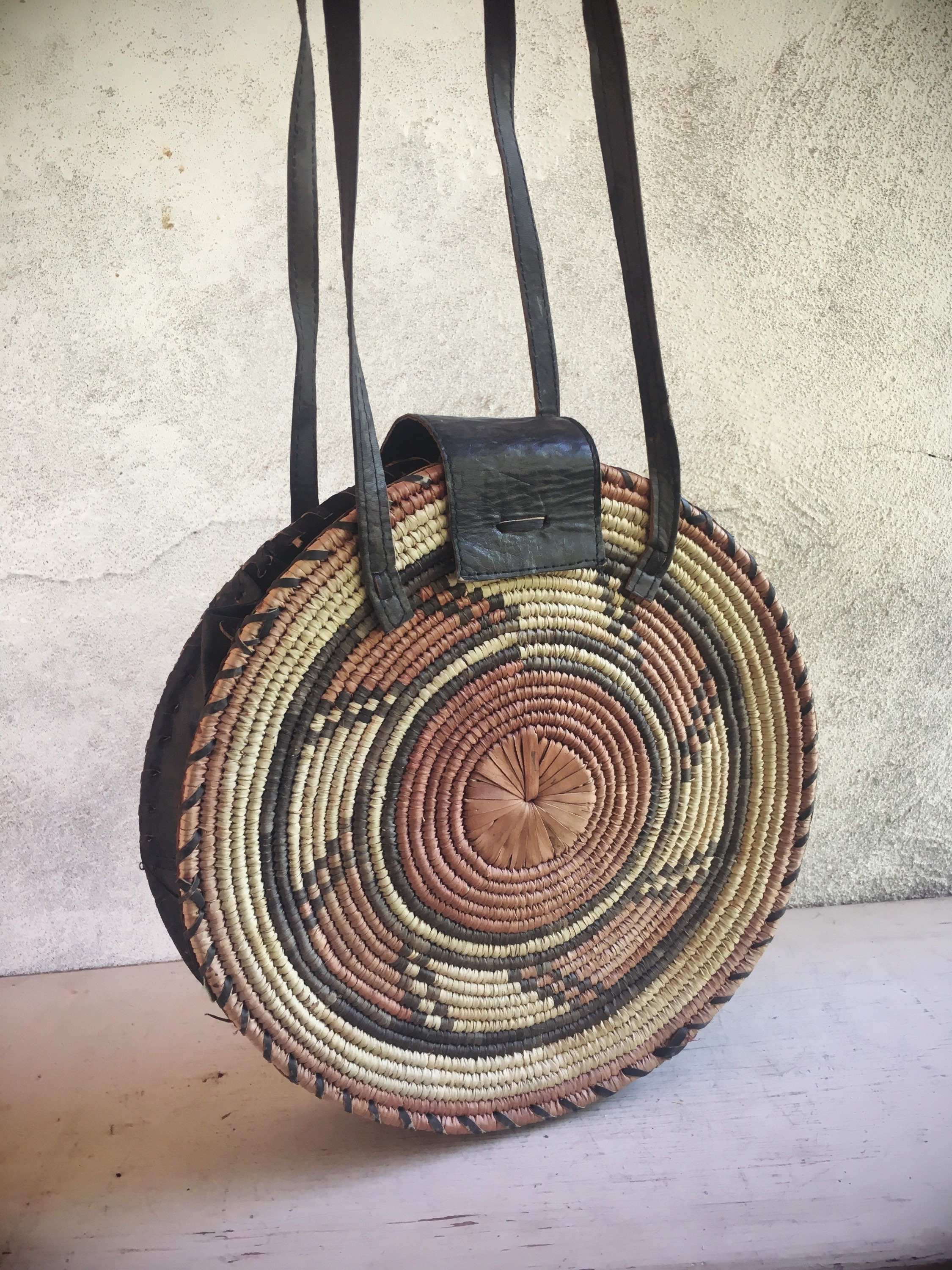 1970s Ethnic Basket Tote Bag, Hippie Straw and Leather Purse, Gift for ...