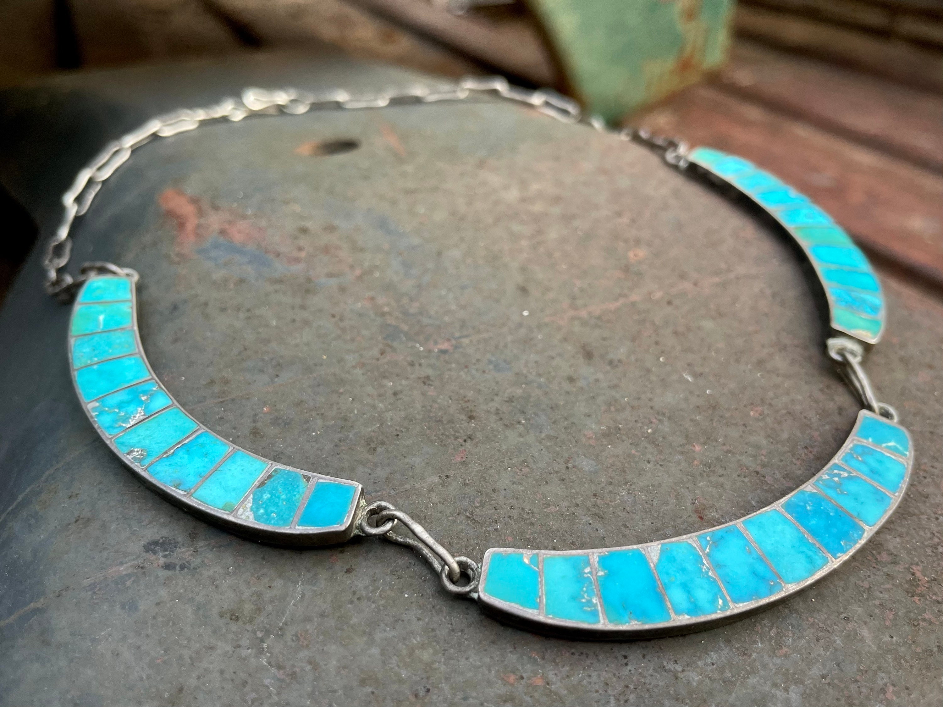 Completely Handmade Vintage Native American Zuni Turquoise Sterling Silve Rinlay Necklace Completely Handmade Vintage Native American Zuni Turquoise Sterling Silve Rinlay Necklace