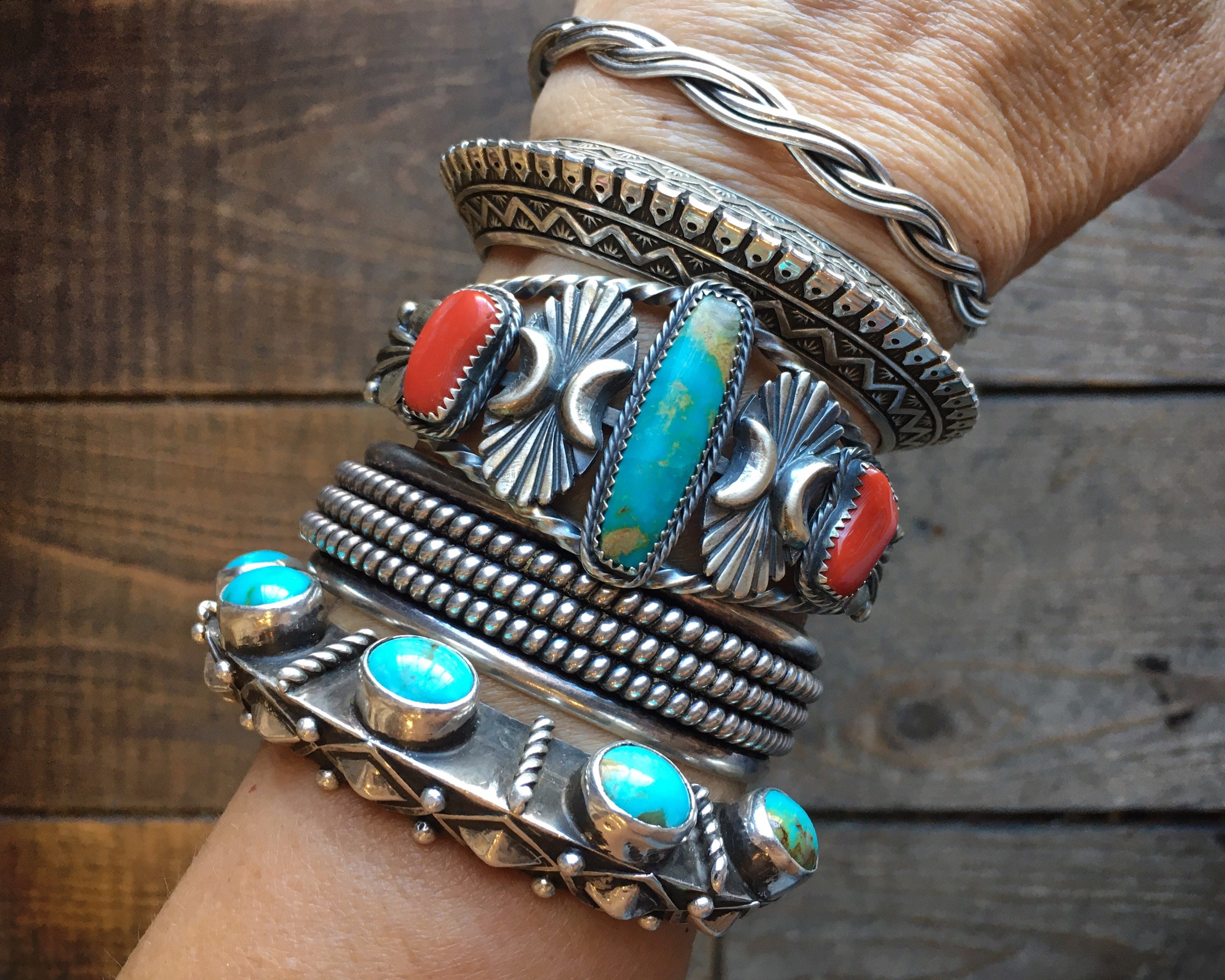 Turquoise and Coral Cuff Bracelet Sterling Silver, Native American Indian Jewelry